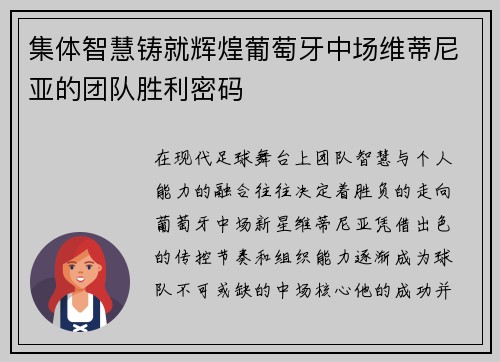 集体智慧铸就辉煌葡萄牙中场维蒂尼亚的团队胜利密码