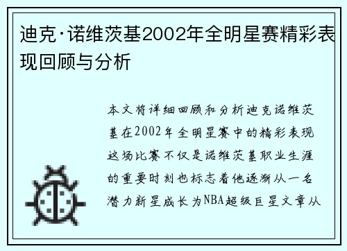 迪克·诺维茨基2002年全明星赛精彩表现回顾与分析