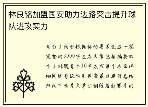 林良铭加盟国安助力边路突击提升球队进攻实力
